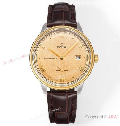 TW Factory Copy Omega De Ville Prestige 8802 Men's Watches Gold-Steel Case Brown Leather Strap